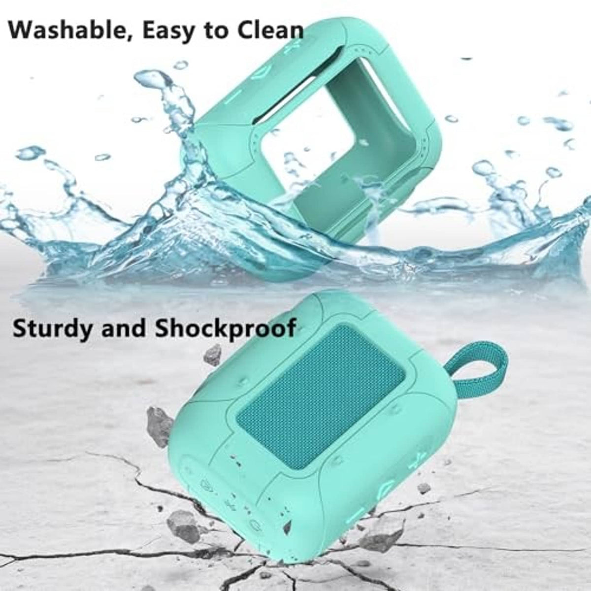 Teal silicone speaker cover case shown with splash protection theme, with textured speaker face