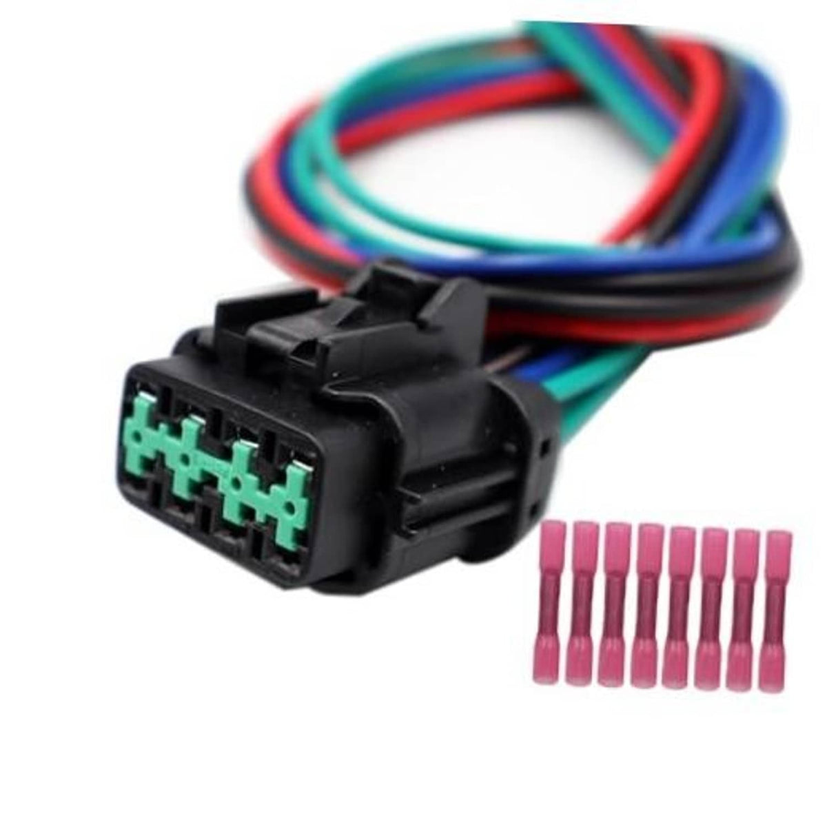 Headlamp connector plug with multicolor wiring harness and pink terminal pins