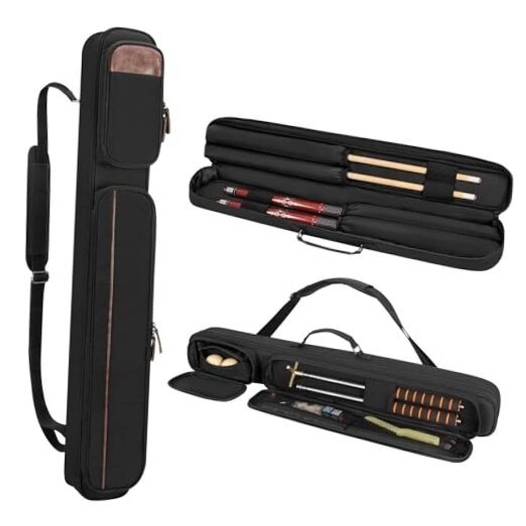Black pool cue case with shoulder strap, wide carrying handle, and zipper openings