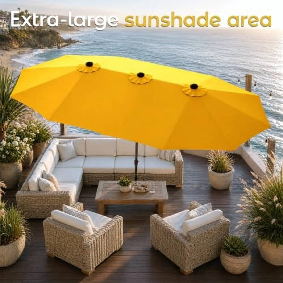 Golden yellow patio umbrella over outdoor seating with ocean view and open canopy