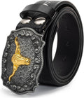 Western belt detail: embossed black strap with gold longhorn buckle and silver hardware