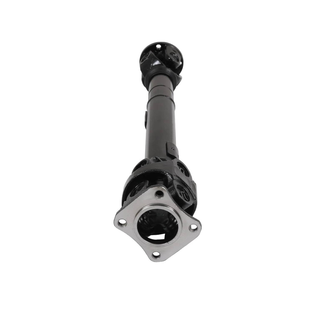 Front drive shaft with round silver mounting flange and black joint housing.