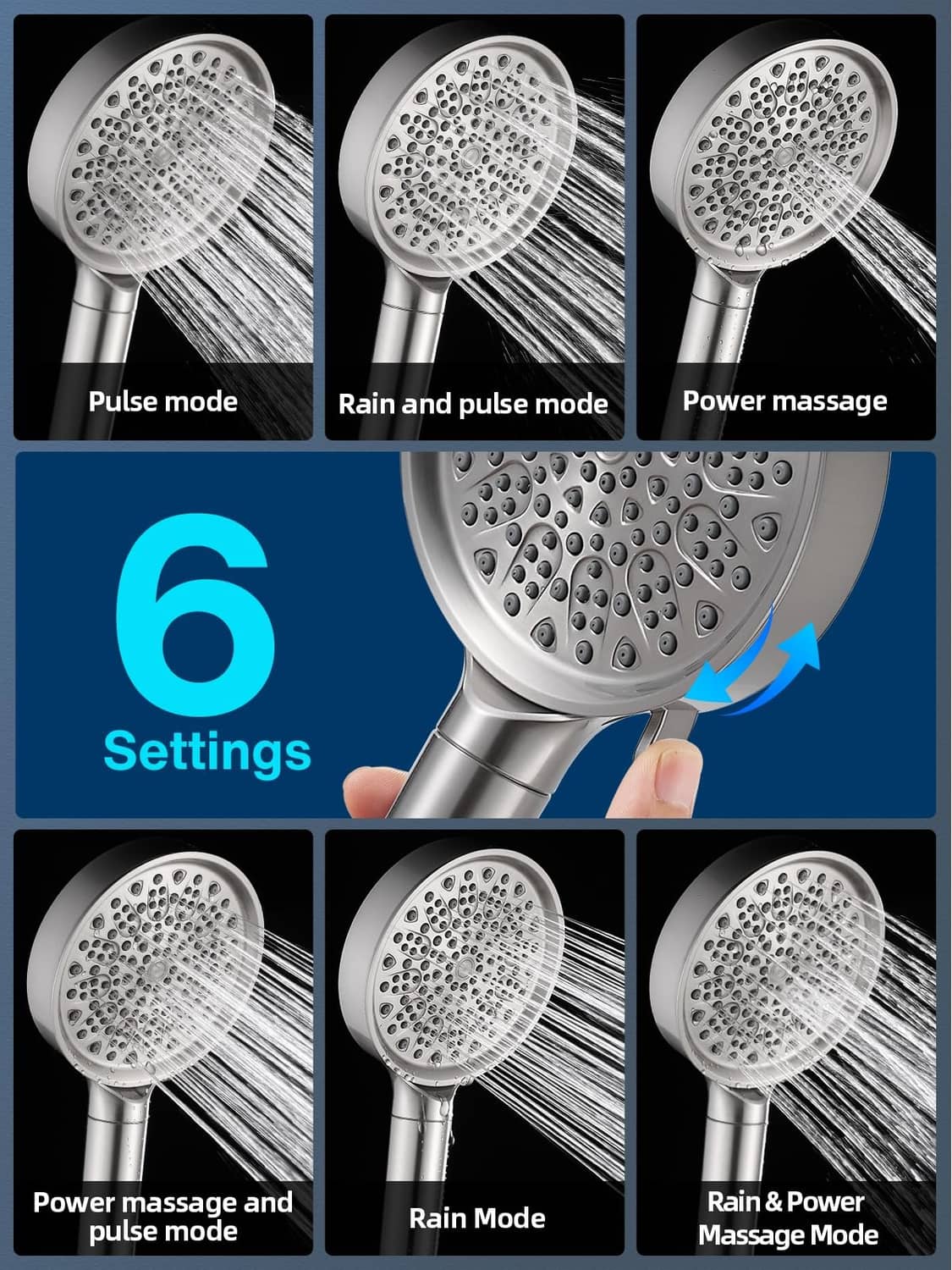 Brushed nickel shower head with round spray face; water pattern shown on different modes