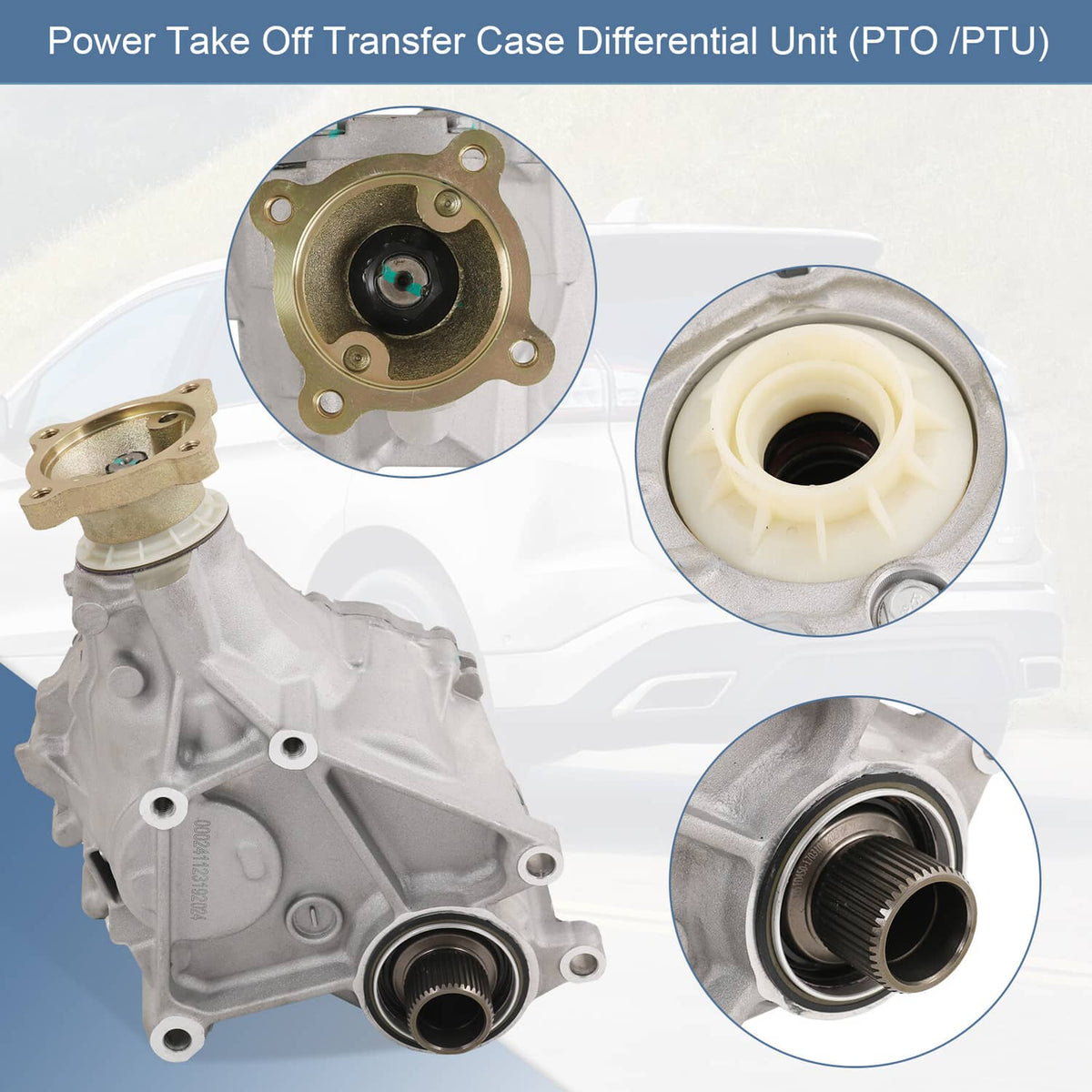 Power take-off transfer case unit with gold flange and beige seal, multiple views.