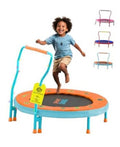 Kids mini trampoline with orange-and-sky-blue frame, foam handle, round jump mat