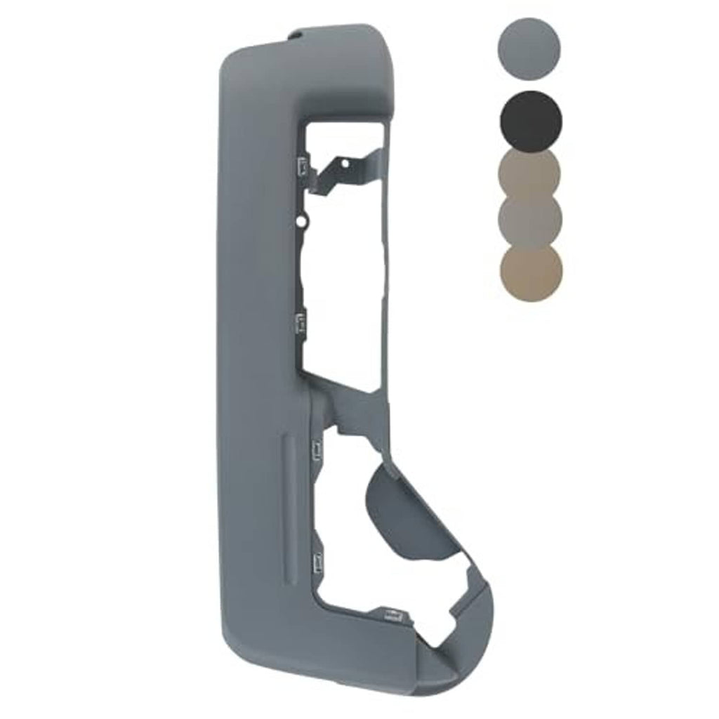 Gray driver side seat trim cover, front view with mounting openings and tabs