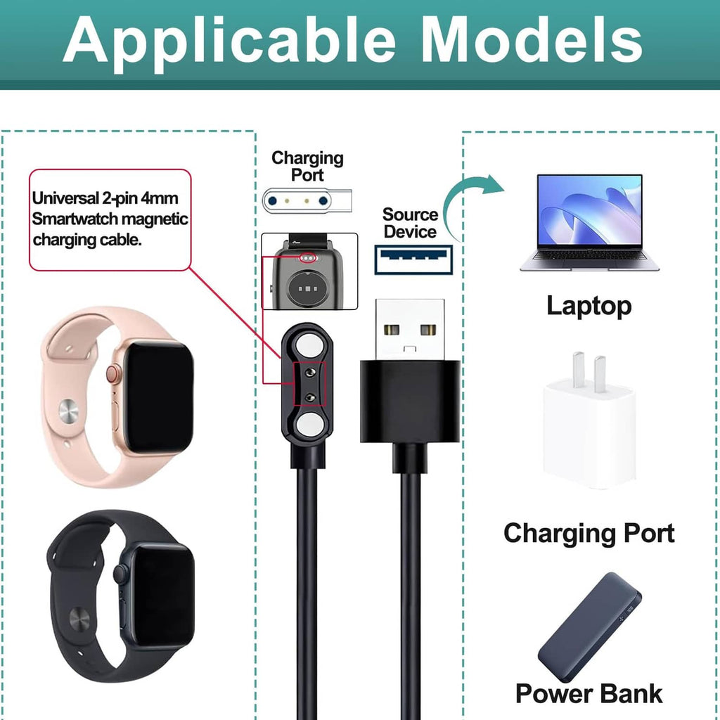 Universal 2-pin magnetic smartwatch charging cable pair with USB-A plugs and 4mm tips