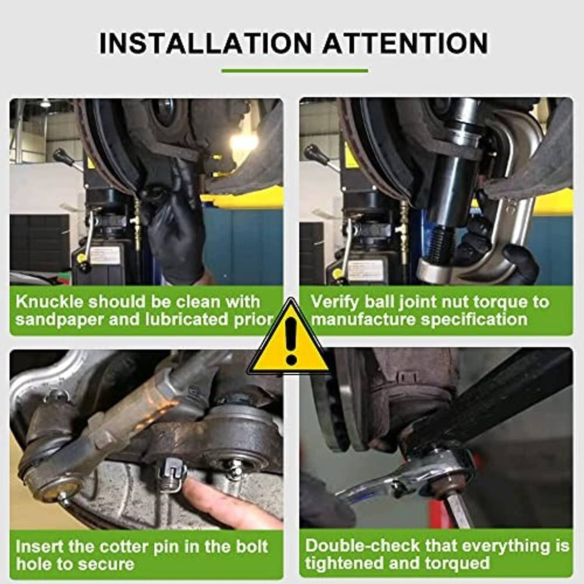 Installation attention graphic for front suspension ball joint and control arm kit