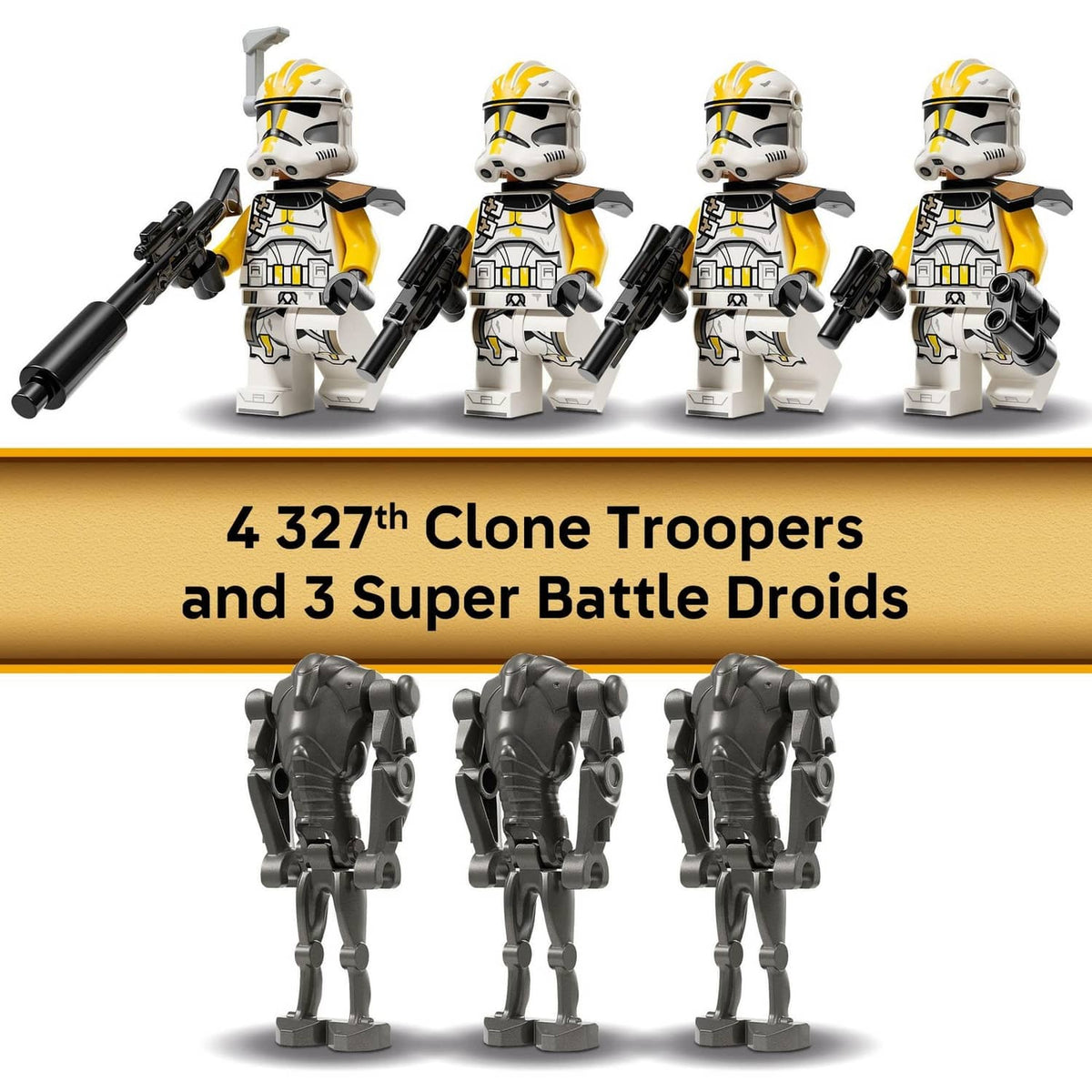 Four yellow and white clone trooper minifigures with three gray super battle droids