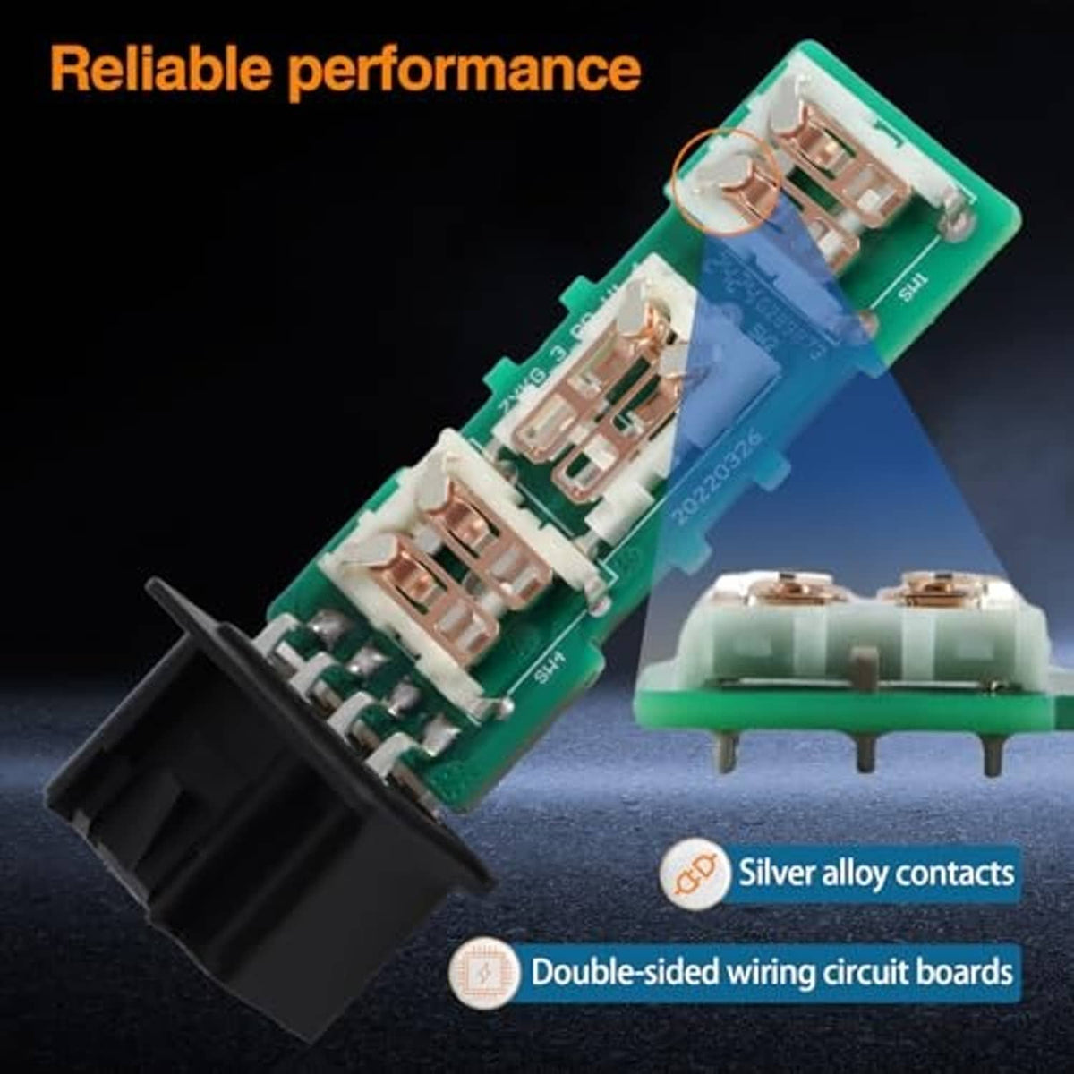 Green seat adjuster switch circuit board with silver contacts and wiring pads