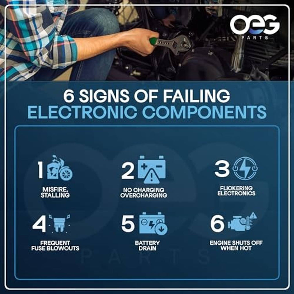 OEG Parts signs of failing electronic components graphic listing six symptom icons
