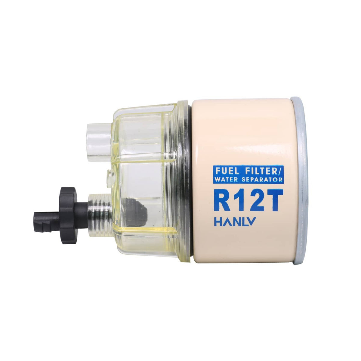 Spin-on fuel filter water separator with clear housing bowl and two side ports