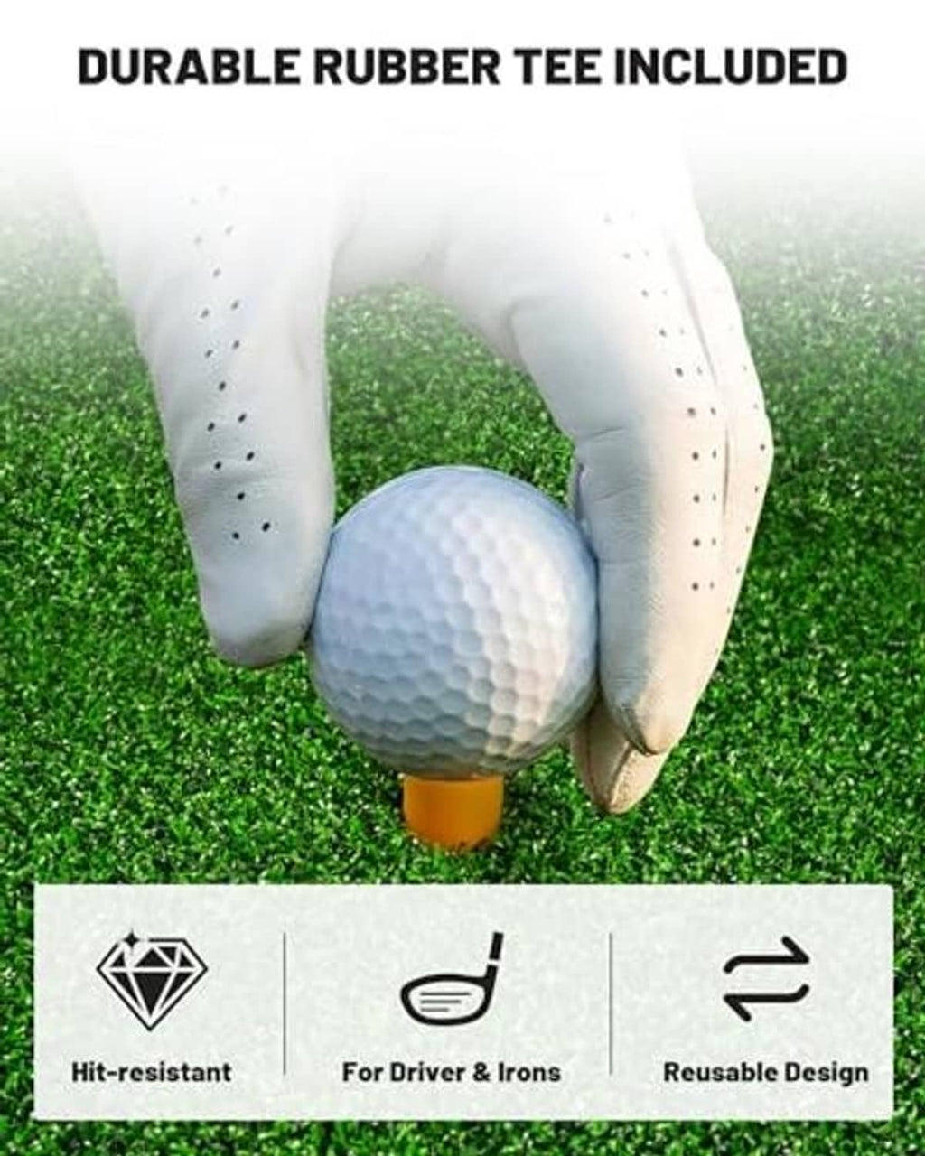 Golf practice mat with included rubber tee over green fairway turf