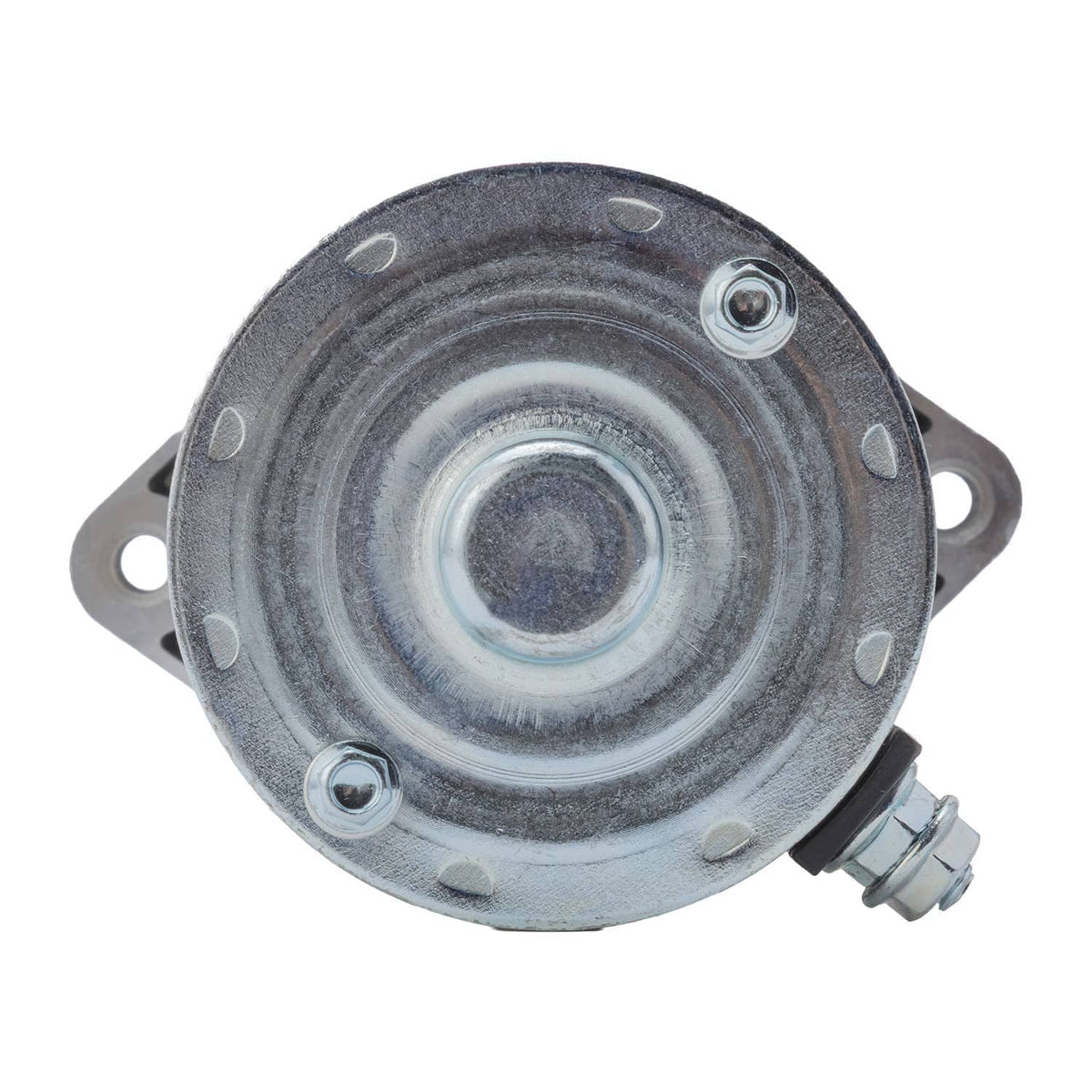 Starter motor rear cover close-up with circular plate, screws, and small wire terminal