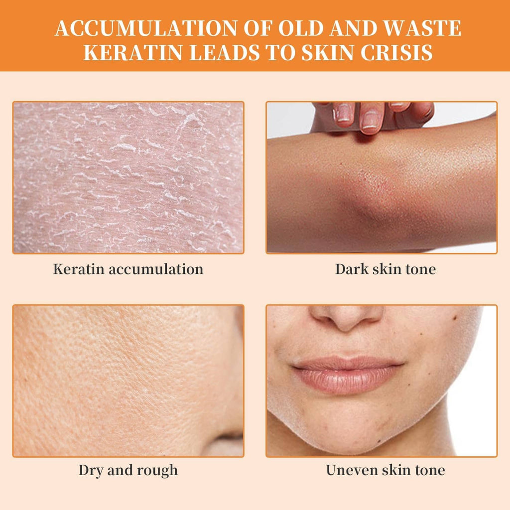 Orange exfoliating gel scrub shown on skin in a before-and-after result collage