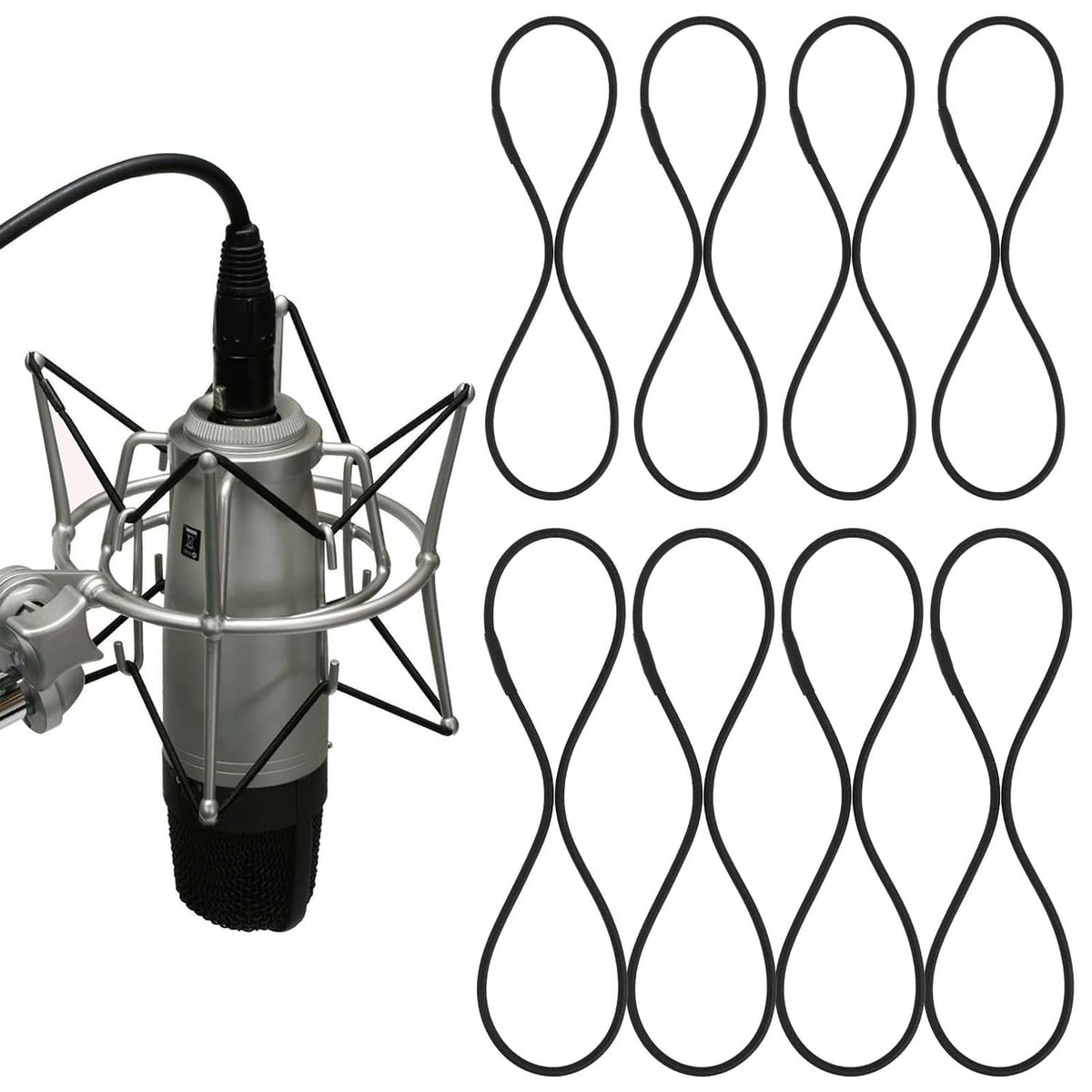 Set of black microphone shock mount rubber rings, 8 elastic loops