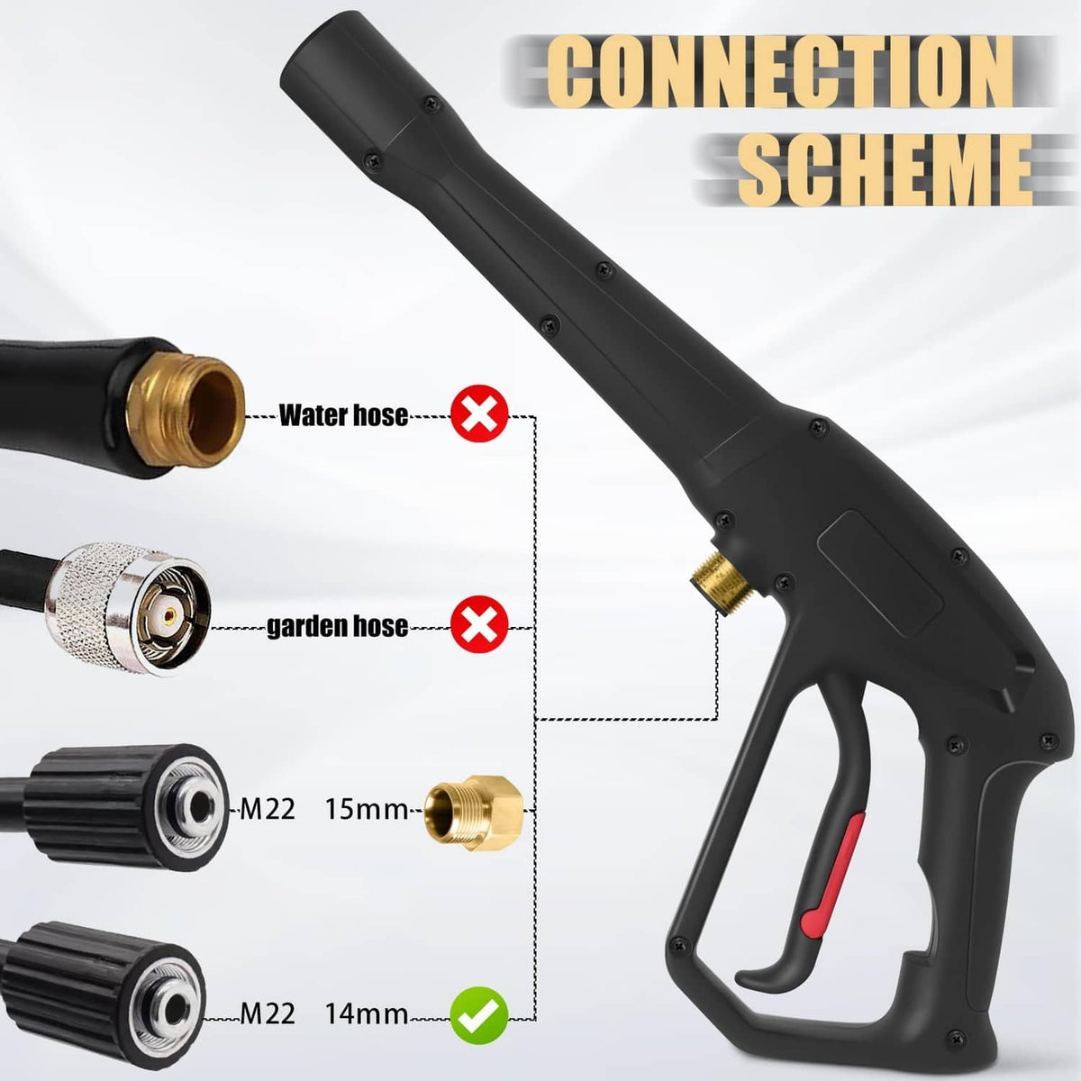 Black spray gun with brass inlet connector and molded hose connection port