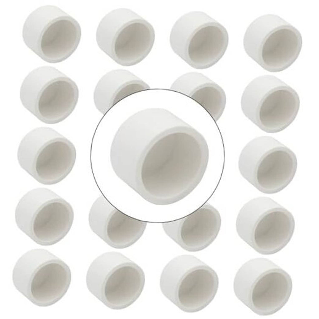 Set of white PVC pipe end caps, cylindrical slip-on socket adapters