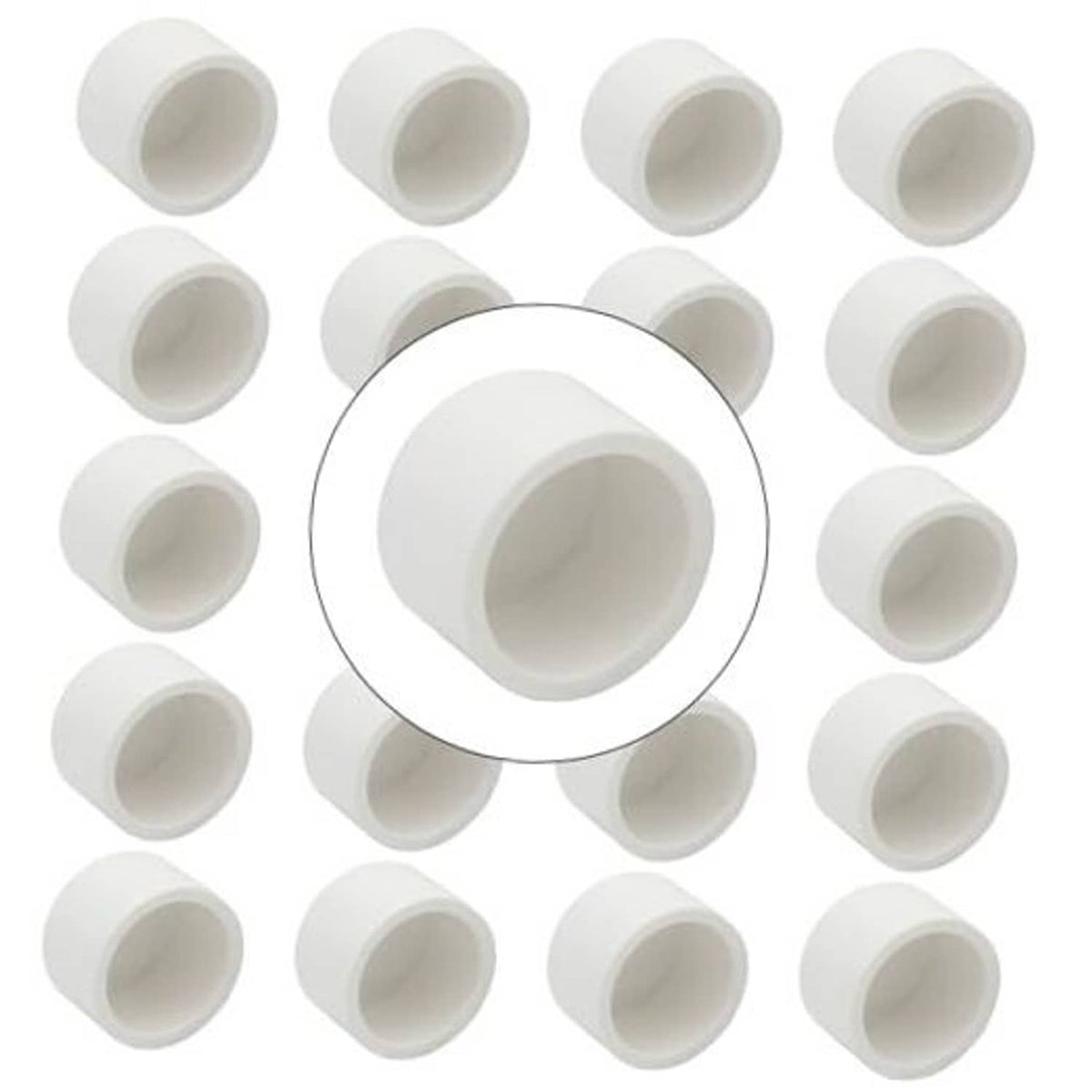 Set of white PVC pipe end caps, cylindrical slip-on socket adapters