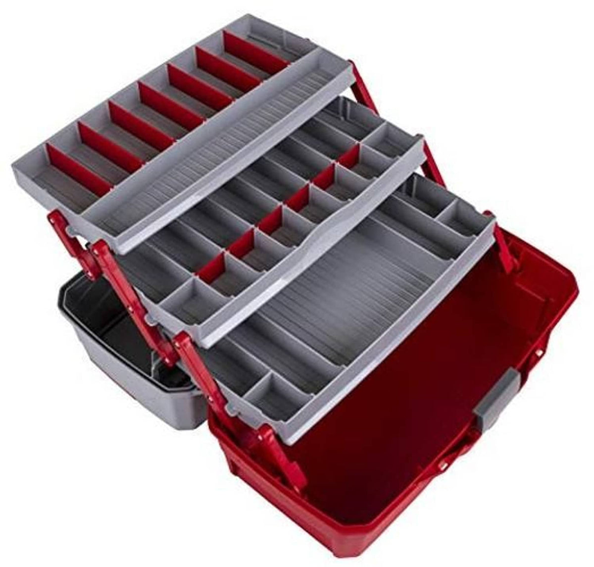 Open red and gray 3-tray tackle box with multiple divider compartments