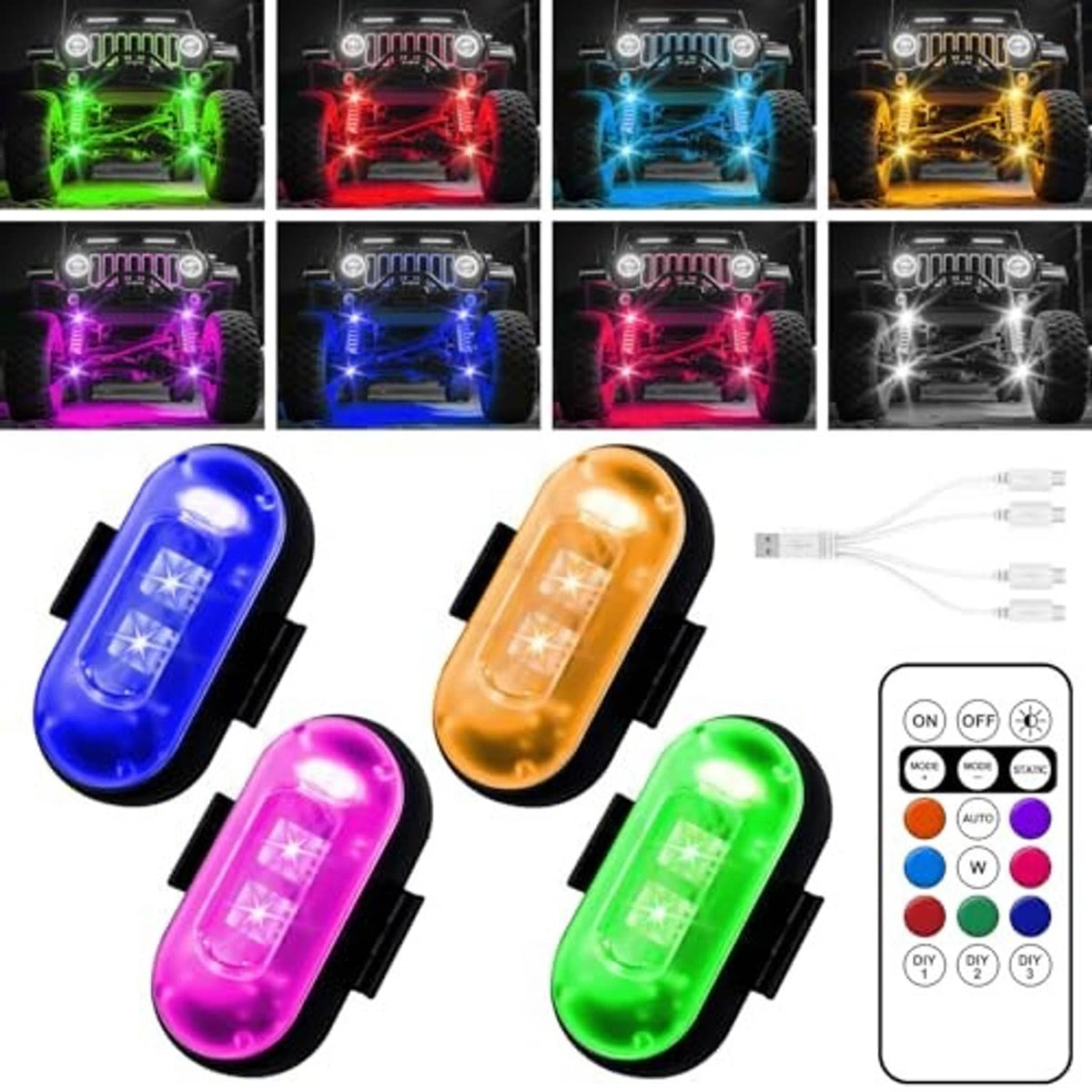 Four wireless LED rock lights in blue, orange, pink, and green with power cables