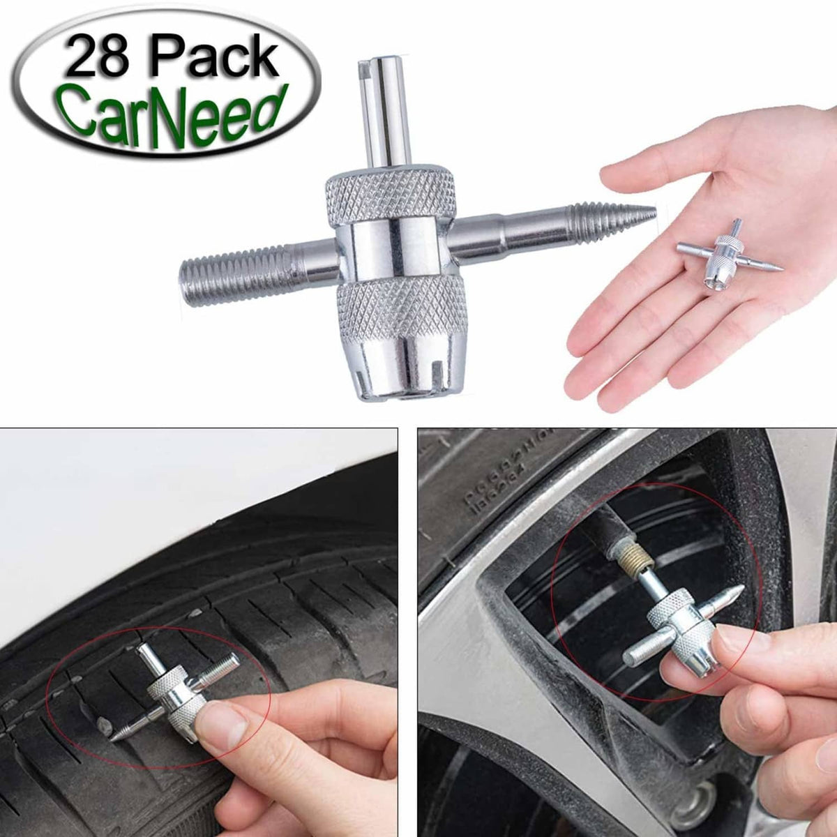 Tire valve core removal tool with silver T-handle and long metal rod; use with hand