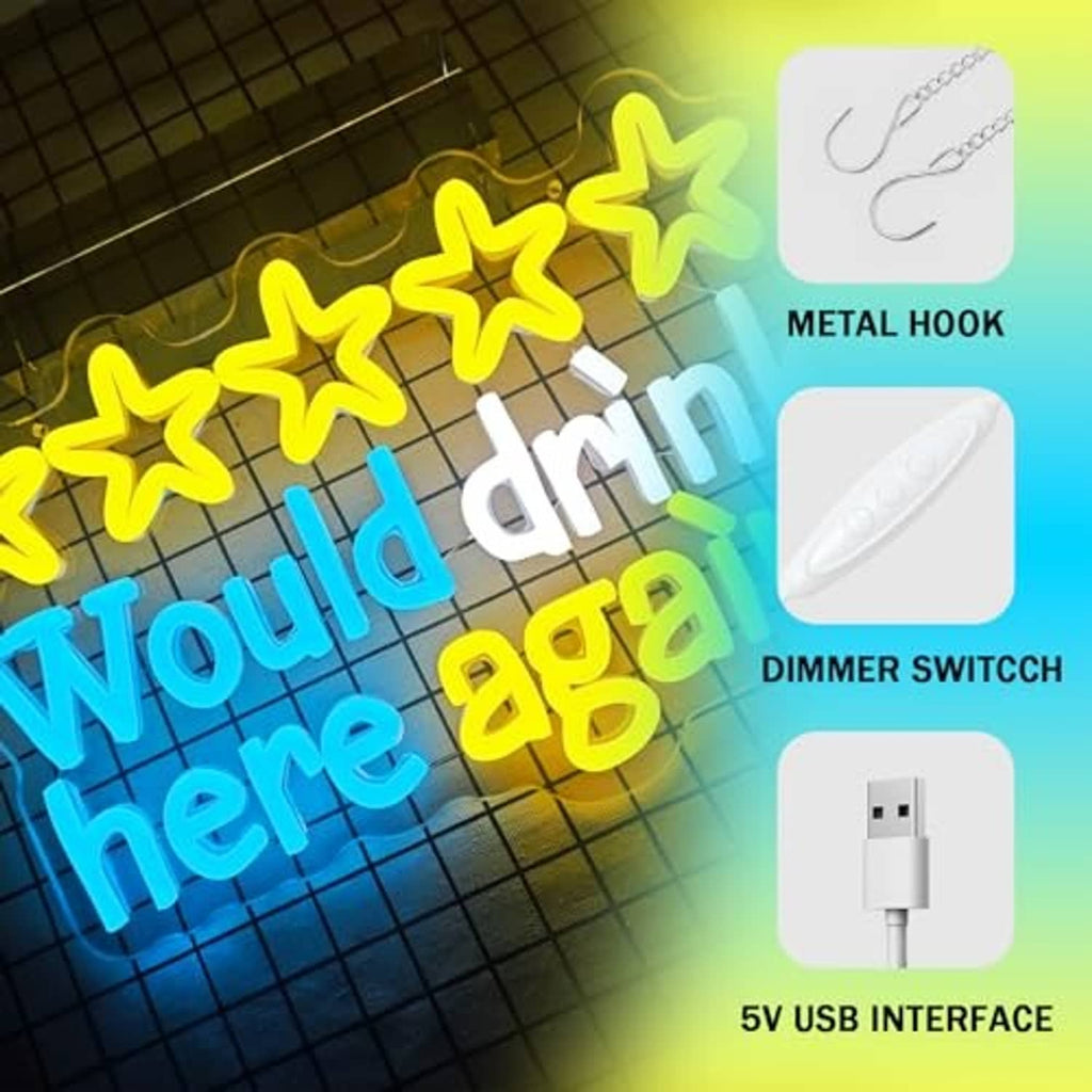 Neon wall sign with metal hook, dimmer switch, and 5V USB interface for powering the lights.