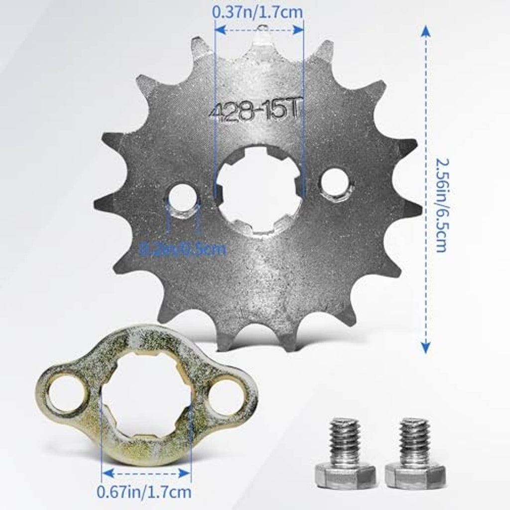 428-15T front engine sprocket wheel with mounting collar, bolts, and size dimensions