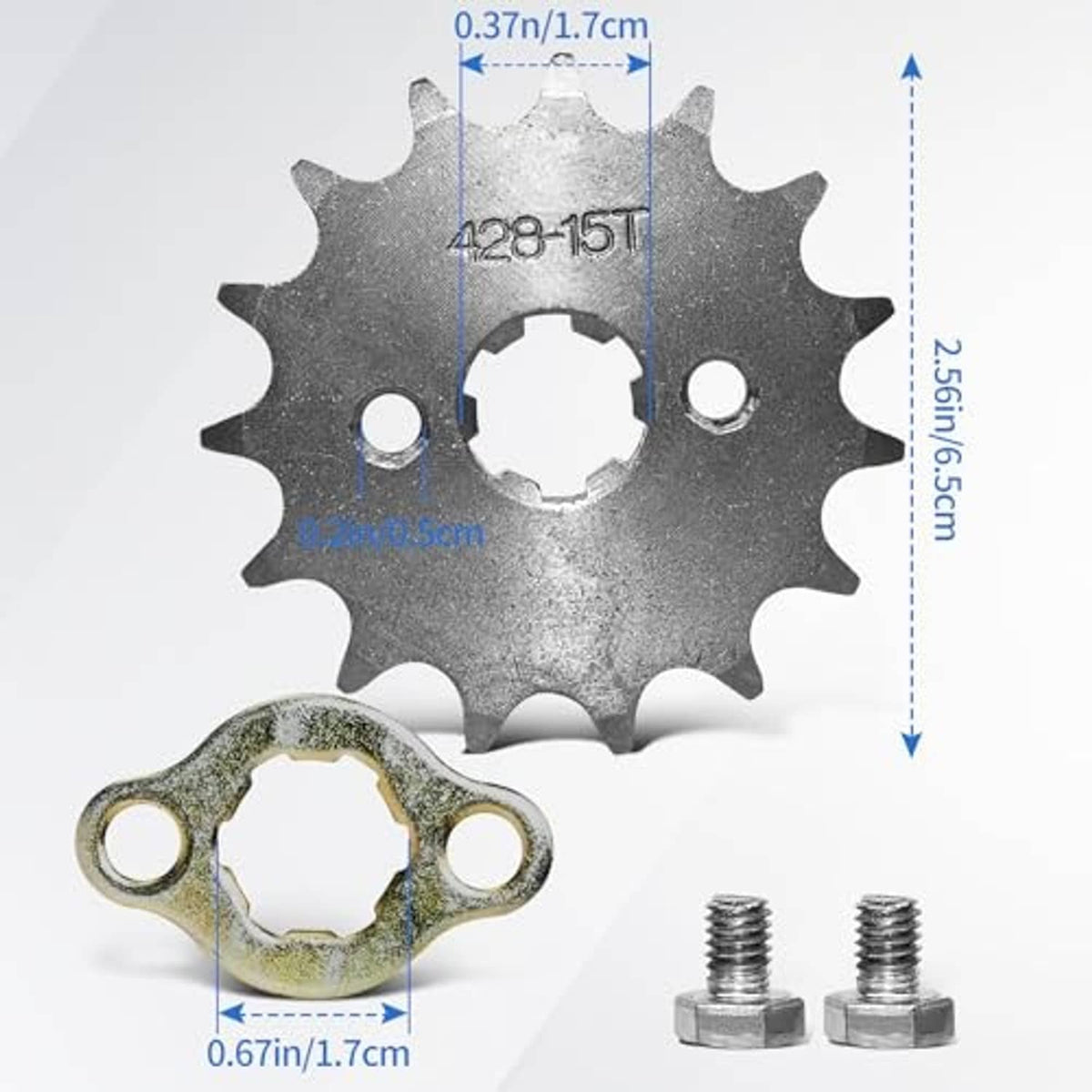 428-15T front engine sprocket wheel with mounting collar, bolts, and size dimensions