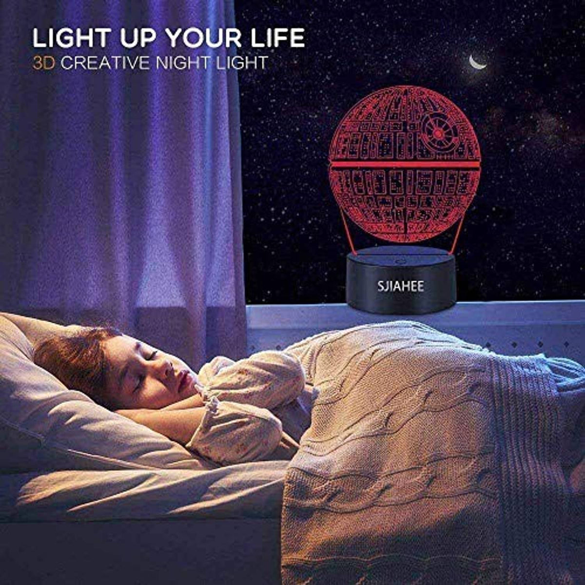 3D LED night light with black base; red glowing planet on bedside table