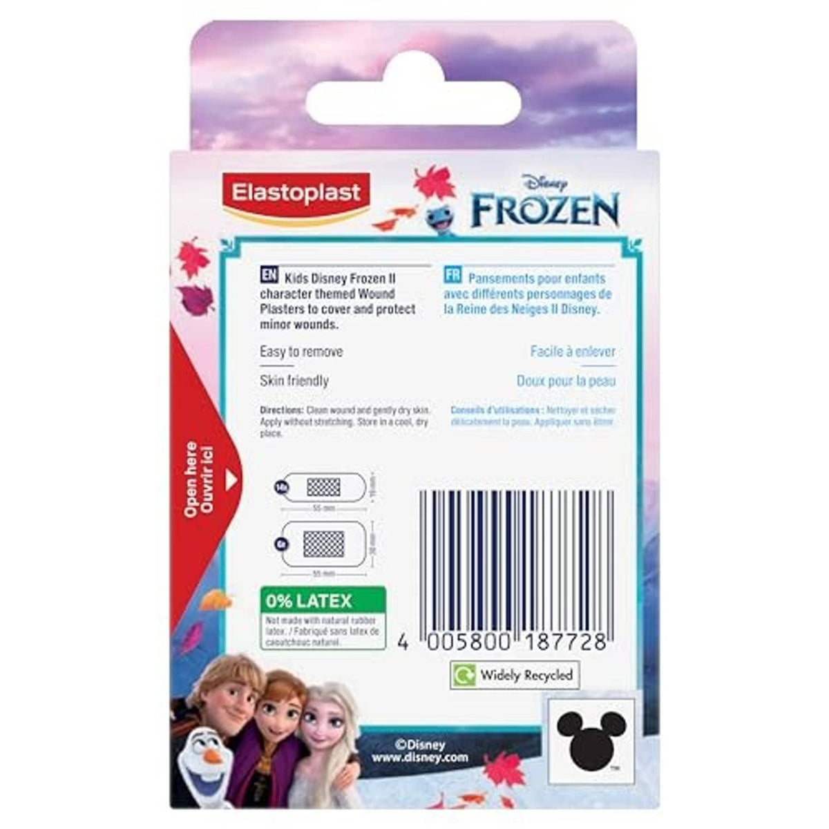 Elastoplast Frozen kids plaster pack back with usage and 0% latex info