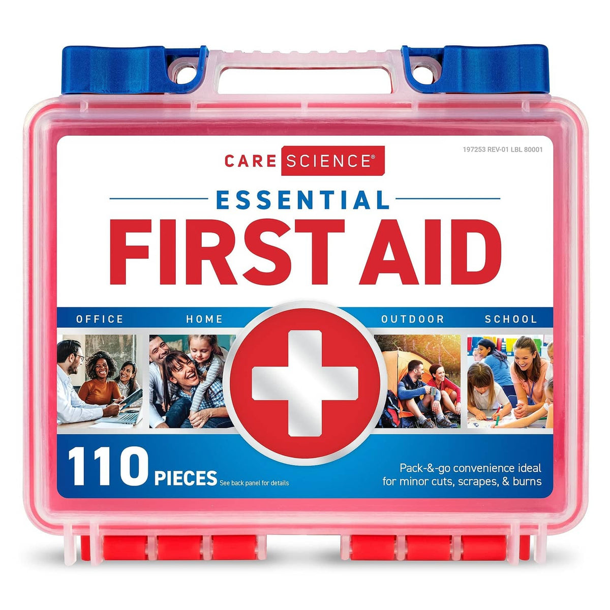 First aid kit case with red and blue handle, “First Aid” label, and plus sign icon