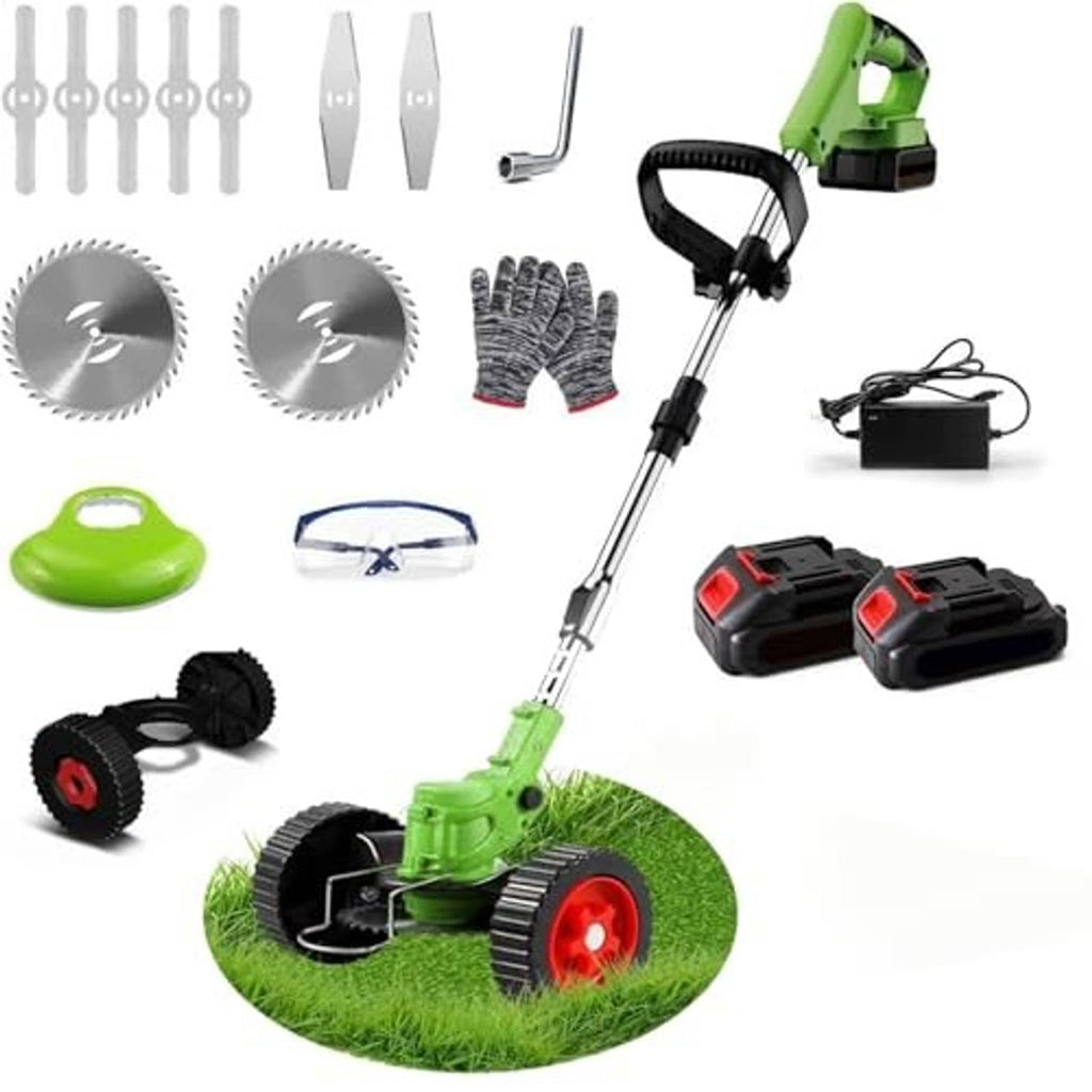 Green cordless grass strimmer kit with battery packs, blades, and protective accessories