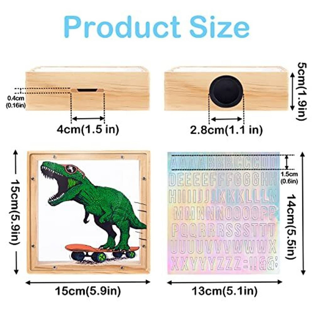Wooden piggy bank with dinosaur artwork, clear window and round coin opening