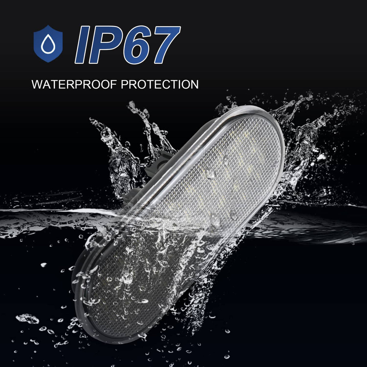 Waterproof LED light housing with clear oval lens and mounting tabs, splash-resistant design