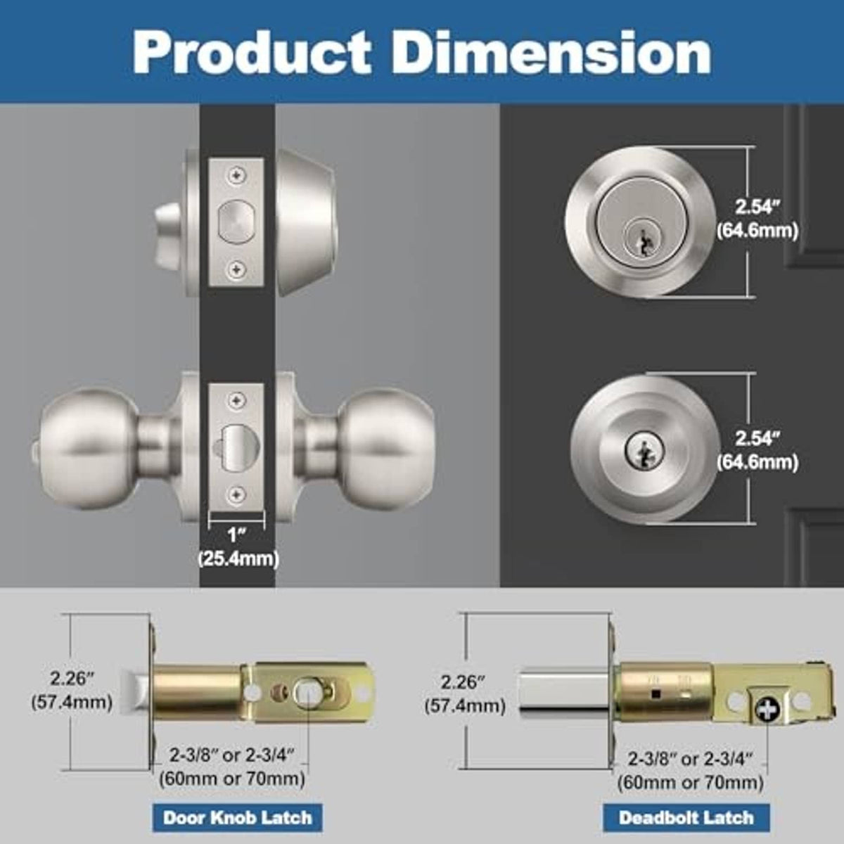 Door knob and deadbolt lockset size diagram with satin nickel finish