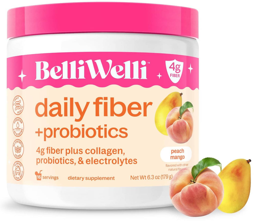 BelliWelli daily fiber + probiotics powder tub, peach mango flavor, 6.3 oz