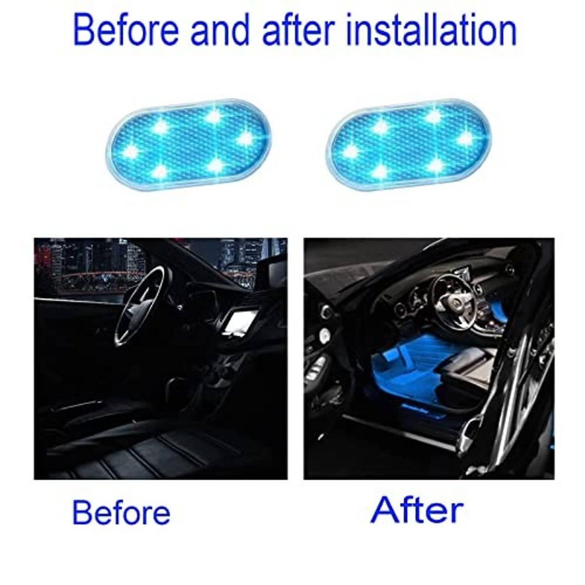 Two oval ice blue LED car interior lights, before-and-after installation view