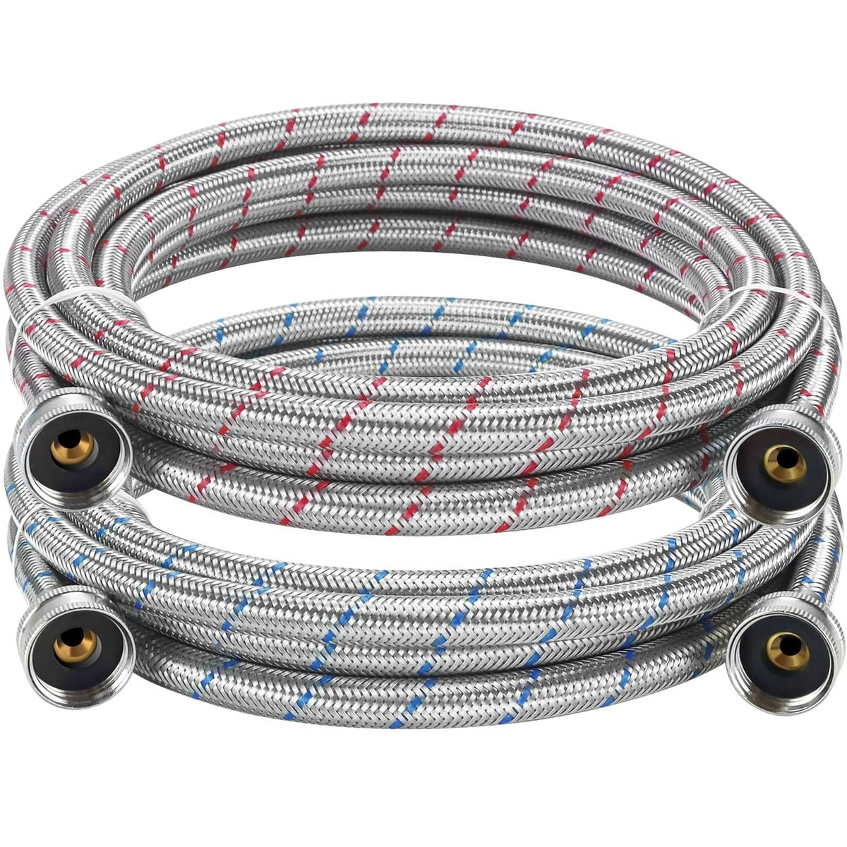 15FT braided stainless washer hoses set with brass ends and red/blue hot-cold stripes
