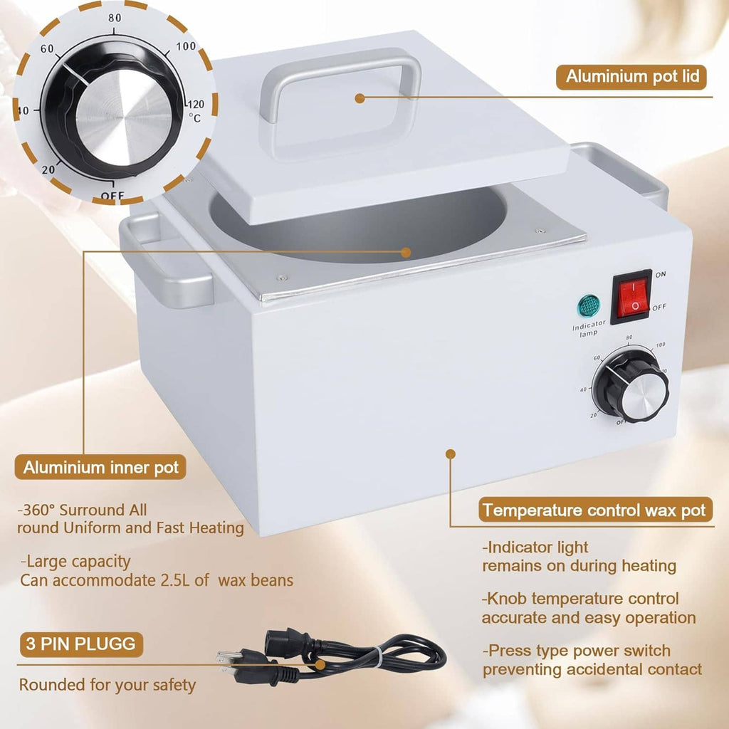 White professional wax warmer with open top well, aluminum inner pot, and control panel with dial