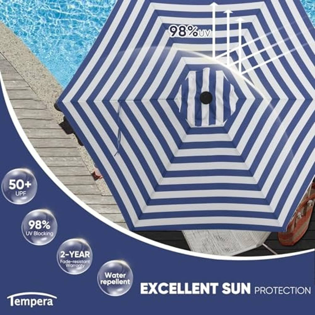 Blue-and-white striped beach umbrella canopy with center vent and ribs