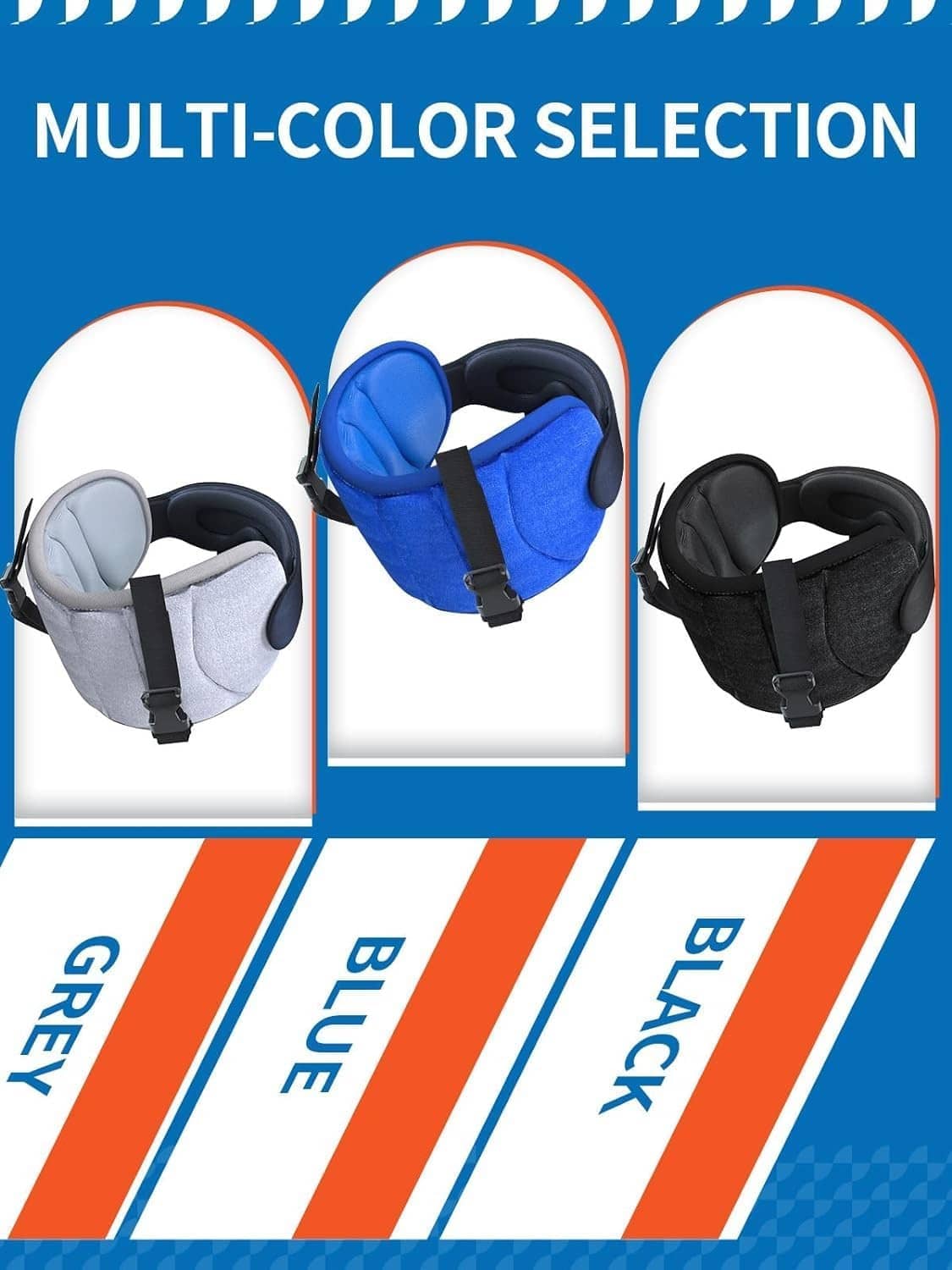 Set of travel neck pillows in gray, blue, and black with headrest straps