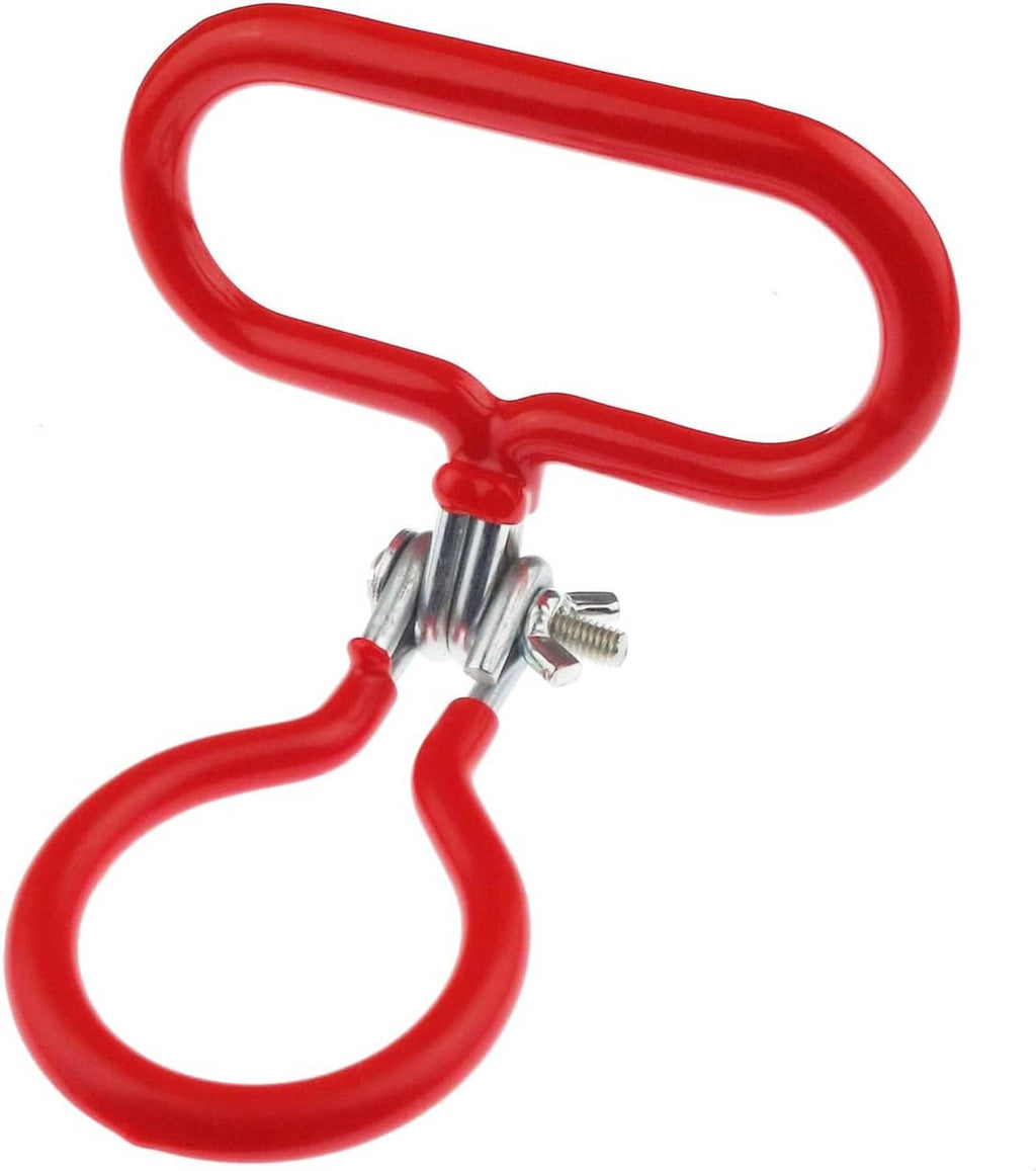 Red carboy handle clip with metal mounting clamps and screw hardware