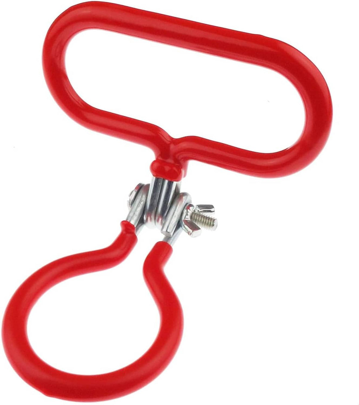 Red carboy handle clip with metal mounting clamps and screw hardware