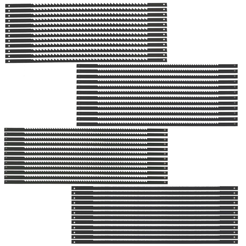 Pack of black pin-end scroll saw blades laid in rows with toothed edges
