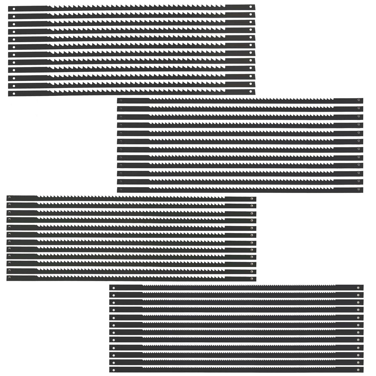 Pack of black pin-end scroll saw blades laid in rows with toothed edges