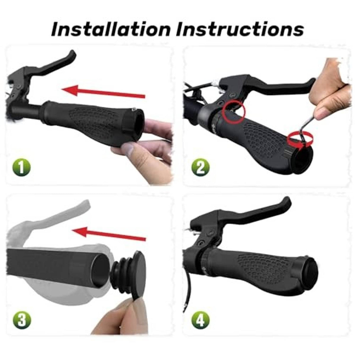 Installation steps for black bike handlebar grips with textured rubber and end caps