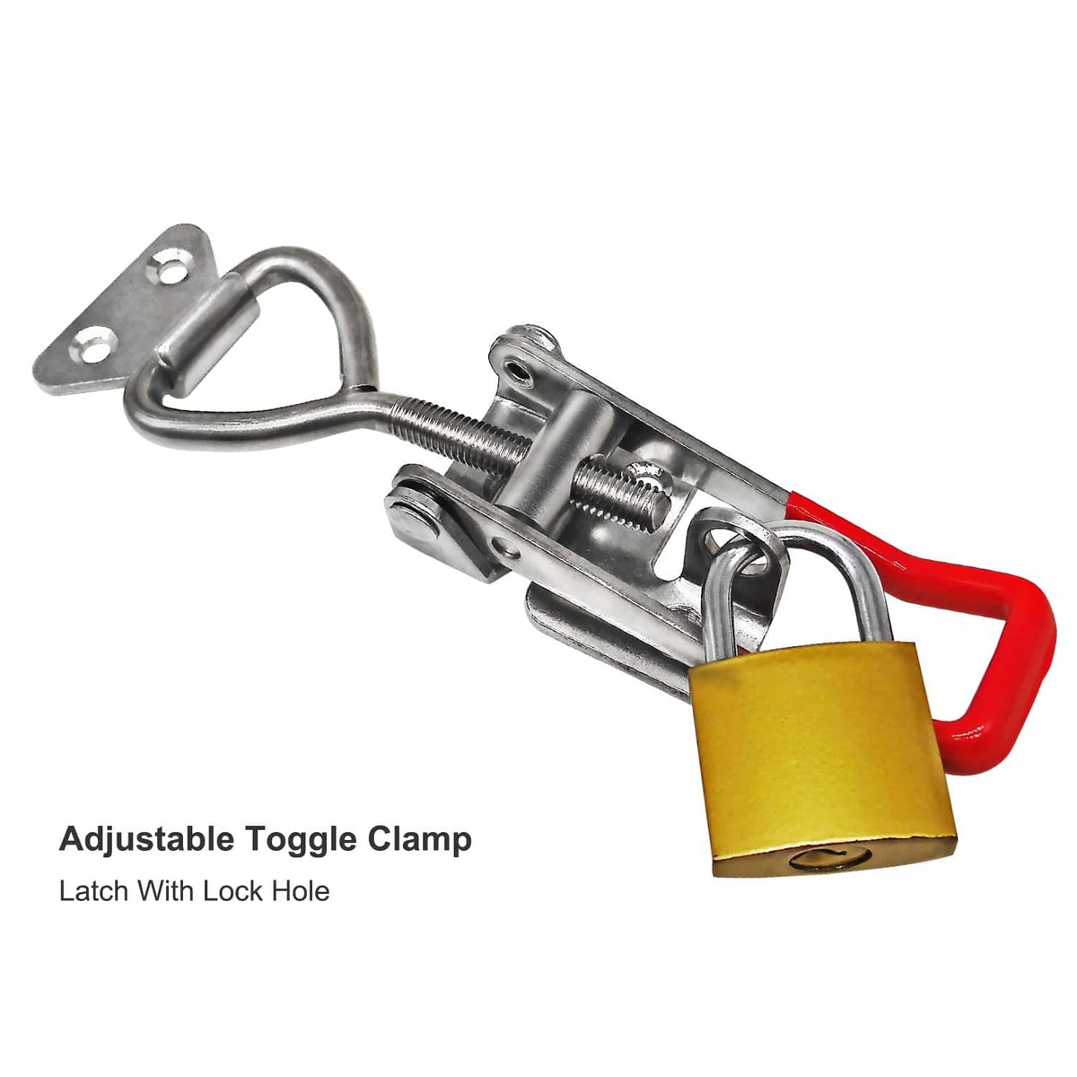 Stainless steel adjustable toggle latch clamp with lock hole, red handle, padlock