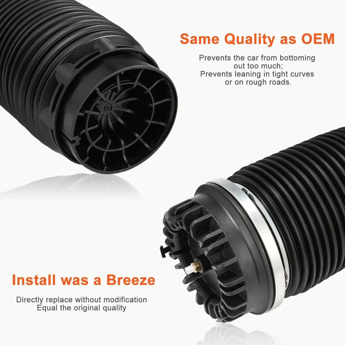 Black rear air suspension spring bag with bottom mounting plate and ribbed bellows