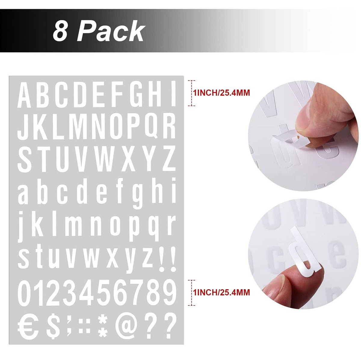 White vinyl letter set, 8 pack, 1-inch characters for easy self-adhesion